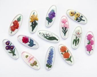 1 x 12 or 6 x 12 Vintage 1960s flowers of the month, semi-transparent resin intaglios - 24 x 10 mm - C77