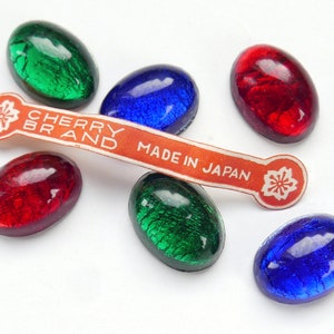 4 or 6 Vintage Cherry Brand glass cabochons with silver leaf, 3 COLORS, Japan 1960s – 18x13mm oval - B64