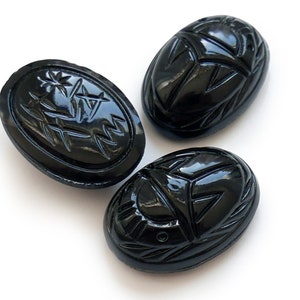 2 Vintage Cherry Brand Egyptian Scarab glass stone, jet black, hieroglyphics on pressed back - 25x18mm - C47