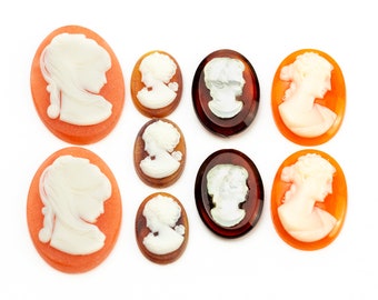 4 vintage resin portrait cameo stones - 4 sizes, Carnelian and brown - oval - A70.N032