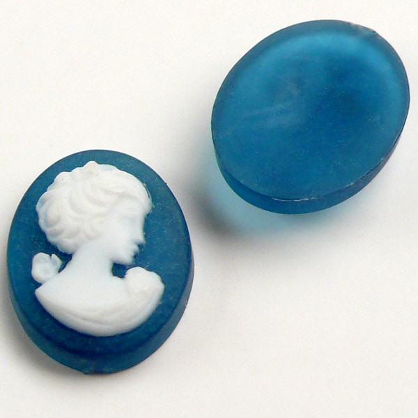 12 vintage miniature cameos, classic female profile, white on montana blue, 10x8 mm - A69