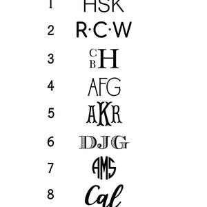 May include: A list of eight monogrammed initials, each with a number next to it. The initials are in various fonts and styles, including a circle monogram. The last monogram is the word "Cal" in cursive.