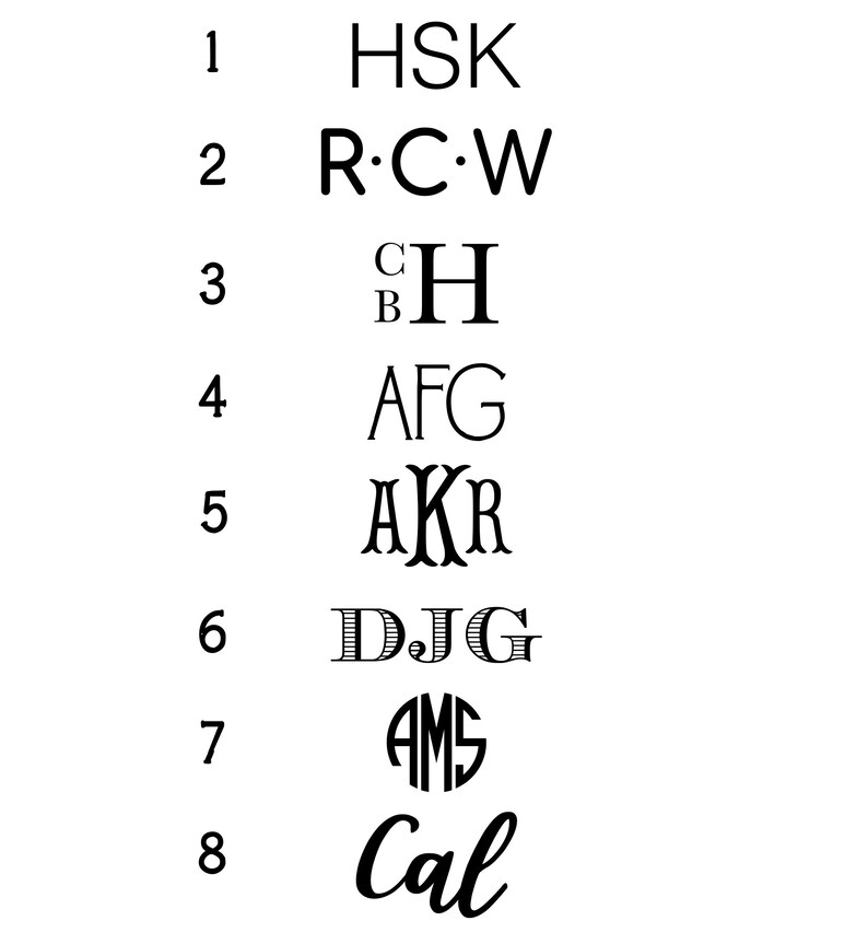 May include: A list of eight monogrammed initials, each with a number next to it. The initials are in various fonts and styles, including a circle monogram. The last monogram is the word "Cal" in cursive.