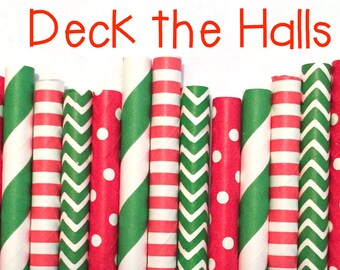 50 Pcs Christmas Paper Straws - Biodegradable Red & Green Striped Drinking Straws For Party Decor