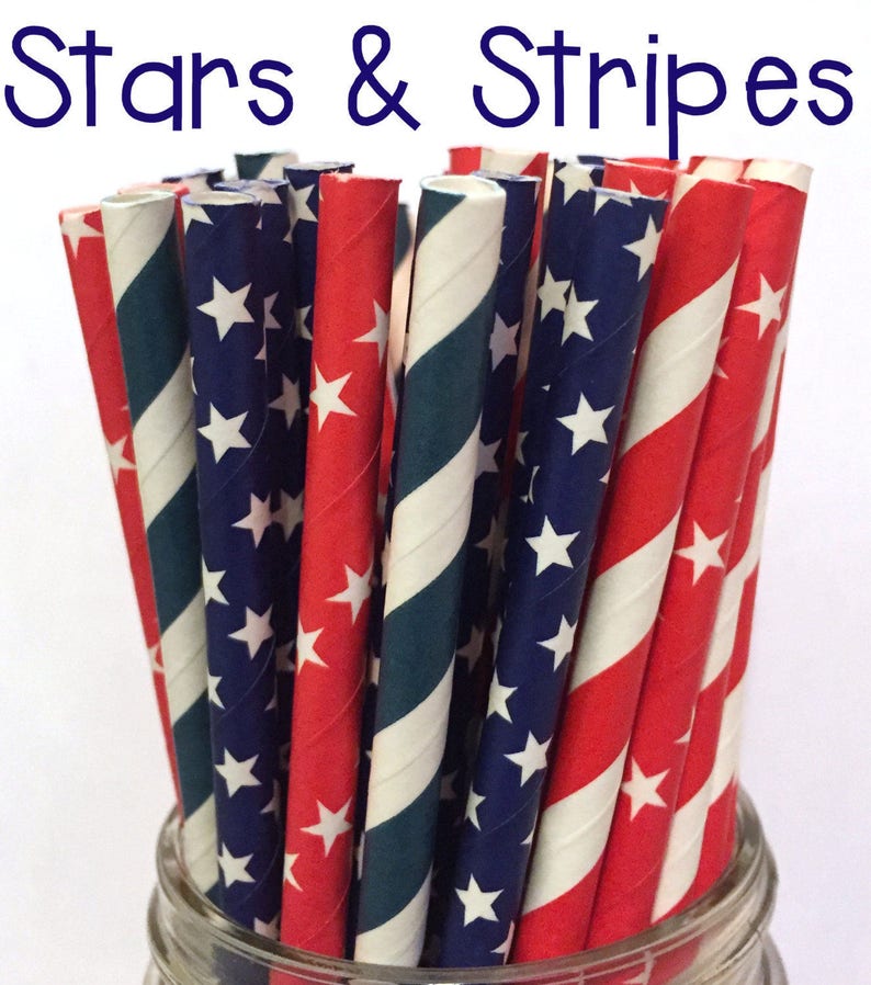 4th of July Paper Straws Cake Pop Sticks White and Blue Foil Paper Straws 3.00 US Shipping -Red Drinking Straws