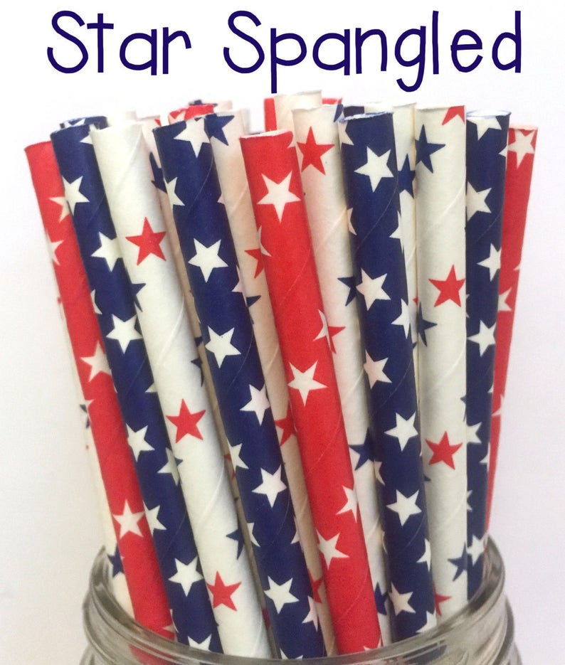 4th of July Paper Straws Cake Pop Sticks White and Blue Foil Paper Straws 3.00 US Shipping -Red Drinking Straws