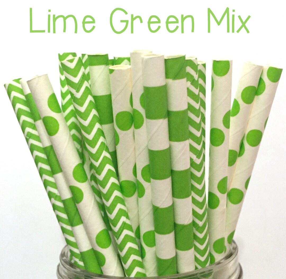 Lime Green Paper Straws Lime Green Chevron Dot Stripe Paper Etsy