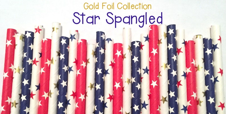 4th of July Paper Straws Cake Pop Sticks White and Blue Foil Paper Straws 3.00 US Shipping -Red Drinking Straws