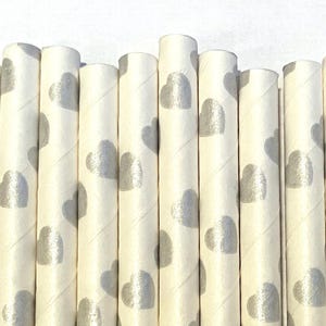 Valentine&#39;s Day - Silver Foil Paper Heart Straws - Silver Heart straws - Cake Pop Sticks - Drinking Straws