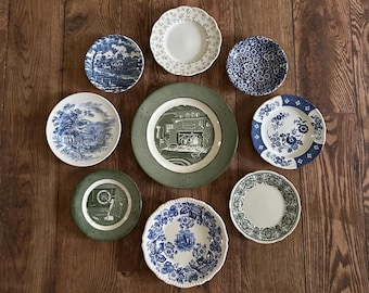 Beautiful blue and green set of nine transferware vintage antique plates, instant plate wall, English decor