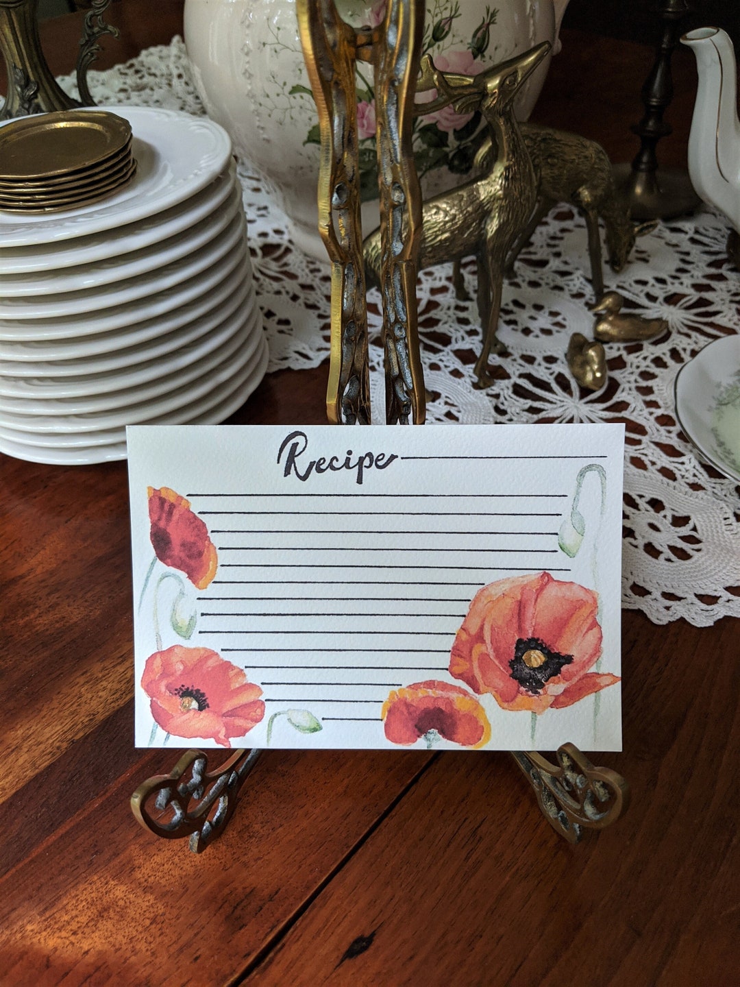 Illustrated Watercolor Poppy Recipe Card Set of 12/red Floral Recipe ...