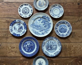 Set of 9 Mismatched Blue Transferware Plates, Cottage Decor