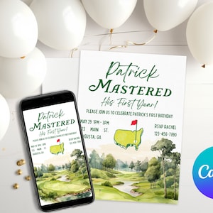 Könnte beinhalten: Eine grün-weiße Golf-Themen-Einladung zur ersten Geburtstagsfeier mit Aquarellhintergrund. Die Einladung lautet "Patrick Mastered His First Year!" und enthält Datum, Uhrzeit und Ort der Feier. Außerdem ist ein grün-weißer Golfplatz mit einer roten Flagge abgebildet.