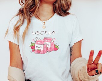 Camiseta de fresa Camiseta de leche de fresa Camiseta de leche de fresa Vaca de fresa Camiseta kawaii de anime de fresa Camiseta Boba Camiseta Harajuku Camiseta Fairy Kei