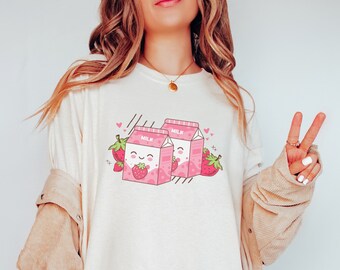 Camiseta de leche de fresa Camiseta de leche de fresa Camiseta de fresa Vaca de fresa Camiseta de mujer de planta de fresa kawaii Camiseta Boba Camiseta Harajuku Camiseta Hada Kei