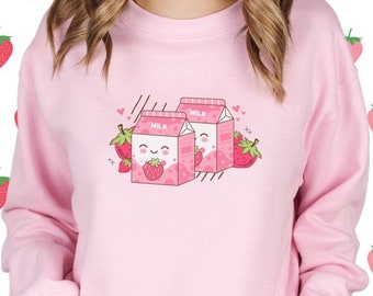 Suéter de fresa Ropa kawaii de leche de fresa Sudadera de fresa Camisa Boba de fresa kawaii Camisa Harajuku Suéter de hada kei Pastel