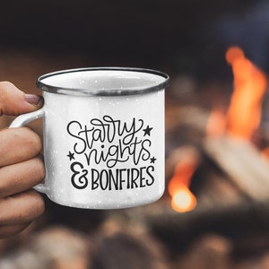 Campfire Mug Happy Camper Mug Starry Nights Bonfires Camping Mug Enamel Mug Coffee Cup Hiking Mug Adventure Campfire Mug Cute Mug
