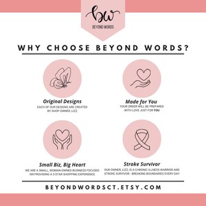 Pu&ograve; includere: Grafica rosa e bianca con il testo "WHY CHOOSE BEYOND WORDS?" e quattro icone circolari. Le icone includono una farfalla, un cuore tra le mani, un cuore e un nastro. Il testo "BEYONDWORDSCT.ETSY.COM" &egrave; in basso.