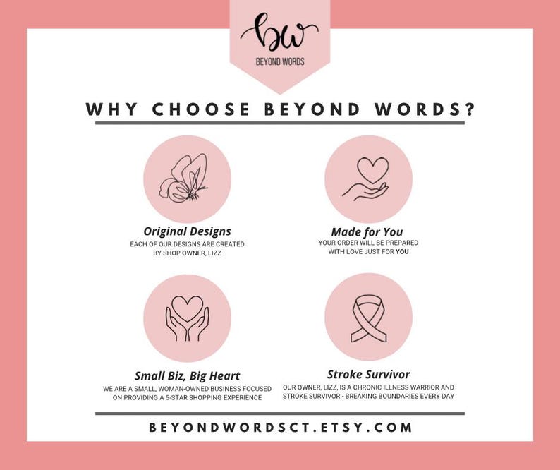Pu&ograve; includere: Grafica rosa e bianca con il testo "WHY CHOOSE BEYOND WORDS?" e quattro icone circolari. Le icone includono una farfalla, un cuore tra le mani, un cuore e un nastro. Il testo "BEYONDWORDSCT.ETSY.COM" &egrave; in basso.