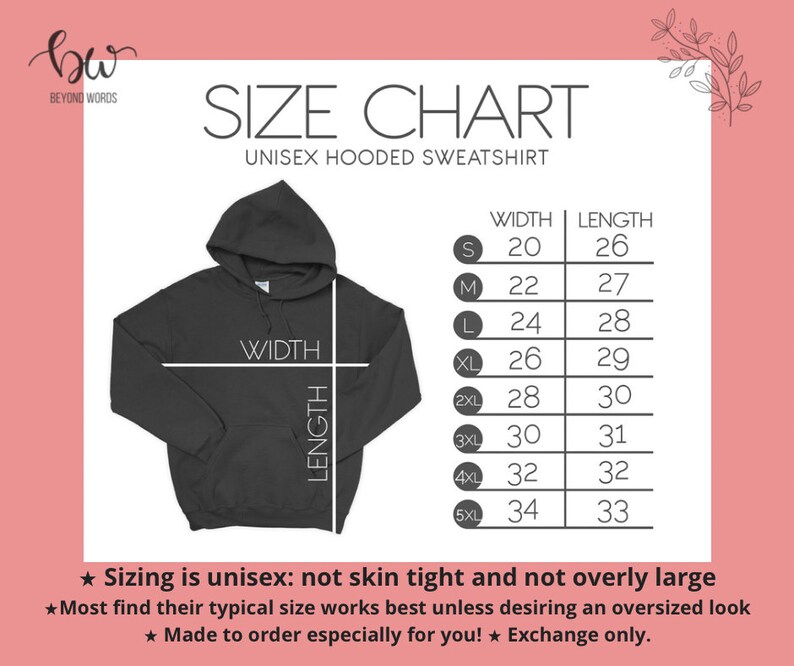 May include: Size chart for a unisex hooded sweatshirt. The chart shows the width and length measurements in inches for sizes S through 5XL.