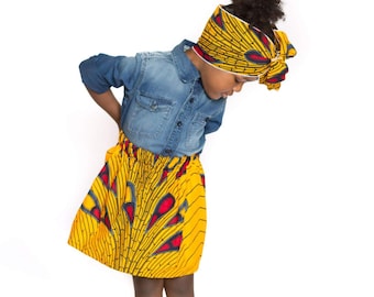Falda africana Ankara, envoltura para la cabeza, falda amarilla, falda azul, ropa de bebé africana, envoltura para el cabello, accesorio para el cabello, ropa para niñas