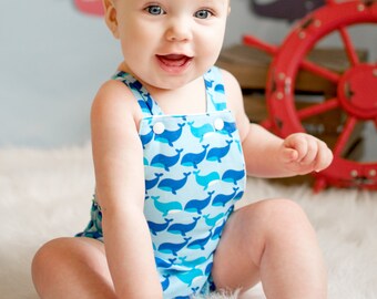 Boys Whale Romper, 6-9 months, Ready to Ship, Gender Neutral Romper, Blue Romper, Toddler Romper, Baby Rompers