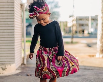 Pink Print Skirt with Head Wrap, Baby Skirt, African Head Wrap, African Baby Clothes, Hair Wrap, Hair Accessory, Girls Clothing