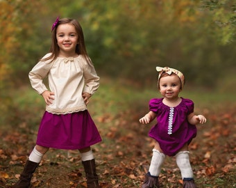 Big Sister Little Sister Boho Skirt Set, Baby Romper, Peasant Blouse, Fall Skirt, Fall Clothing, Girls Clothing, Boho Clothing