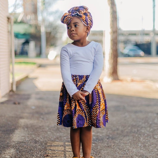 Purple Print Skirt with Head Wrap, Baby Skirt, African Head Wrap, African Baby Clothes, Hair Wrap, Hair Accessory, Girls Clothing