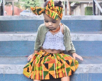 Girls African Kente Skirt, Head Wrap, Black History Month, Maxi, Girls Skirt, African Skirt, African Clothing, Baby Clothes,African Outfit