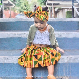 Falda Kente africana para niñas, envoltura para la cabeza, Mes de la Historia Negra, Maxi, Falda para niñas, Falda africana, Ropa africana, Ropa de bebé, Traje africano imagen 1