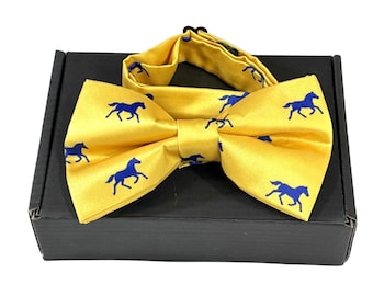 Yellow Kentucky Horse Race Bow Tie and Pocket Square, Gift Packaged, Men’s Pre-tied Satin Neckwear