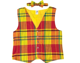Madras Vest with Bow Tie for Men, Dominica Waistcoat, Antigua Plaid Caribbean Cultural Outfit, St Lucia Church Clothing