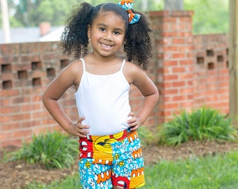 Blue Patchwork Print Shorts, African Ankara Wax Skirt, Headwrap, African Baby Clothes, Hair Wrap, Hair Accessory, Girls Clothing