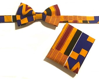 Blue Kente African Bow Tie, Pocket Square, Kwanzaa, Pre-tied Bow Tie, Boys Bow Tie, Men's Bow Tie, Infant