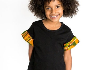 Girls Black Kente T-shirt, African Print tshirt, Girls Clothing, African Clothing