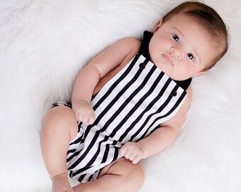 RTS Girls Striped Baby Romper, Black and White Romper, Gender Neutral,Ready to Ship, Toddler Romper,Striped Romper, Newborn Romper