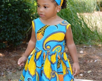 Blue Ankara Dress Set, Girls African Print Dress, Hair Tie, African Wax Fabric, African Baby Clothes, Baby Dress, African Dress