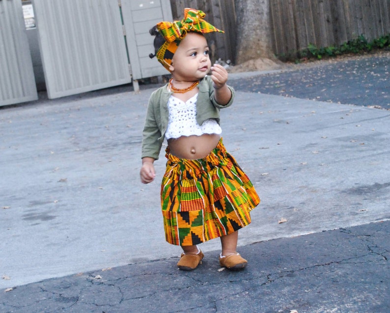 Falda Kente africana para niñas, envoltura para la cabeza, Mes de la Historia Negra, Maxi, Falda para niñas, Falda africana, Ropa africana, Ropa de bebé, Traje africano imagen 3