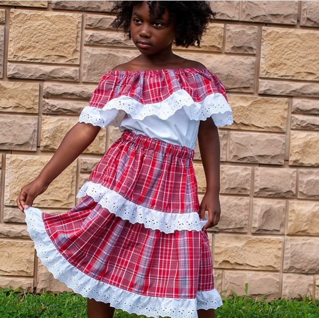 Girls Jamaican Bandana Outfit, Jamaica Clothing, Quadrille Skirt, Jamaican Skirt, Culture Attire