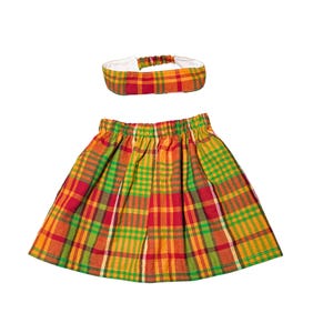 Caribbean Madras Skirt Set, Girl’s Traditional Plaid Outfit, Headband, Cultural Dress, Jamaica, Antigua, West Indian, Toddler Clothing