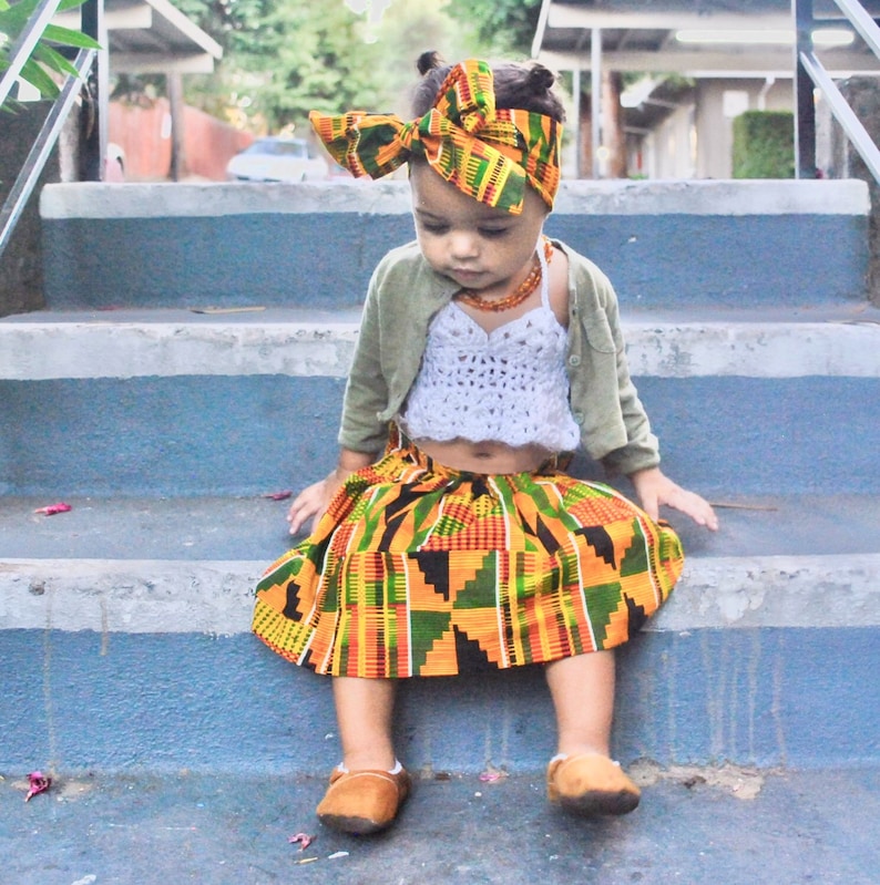 Falda Kente africana para niñas, envoltura para la cabeza, Mes de la Historia Negra, Maxi, Falda para niñas, Falda africana, Ropa africana, Ropa de bebé, Traje africano imagen 1