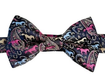 Derby Horse Paisley Bow Tie, Navy Jacquard Pre-Tied Bowtie, Equestrian Pocket Square, Kentucky Race Day, Wedding, Gift for Men