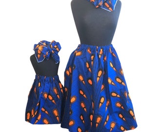 Faldas africanas de mamá y yo de color naranja azul, Día de las Madres, Envolturas para la cabeza, Falda de dama, Falda de niñas, Ropa africana, Ropa de niñas, Hermanamiento