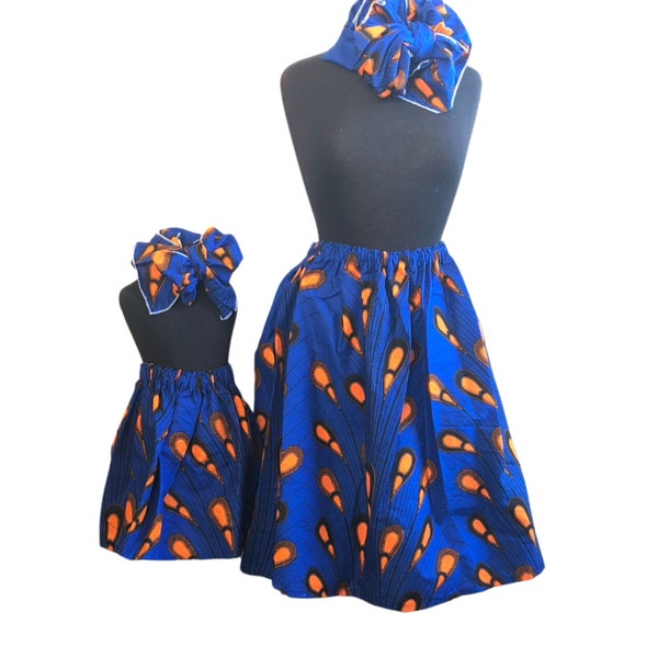 Blue Orange African Mommy and Me Skirts, Mothers Day, Head Wraps, Ladies Skirt, Girls Skirt, African Clothing, Girls Clothing, Twinning