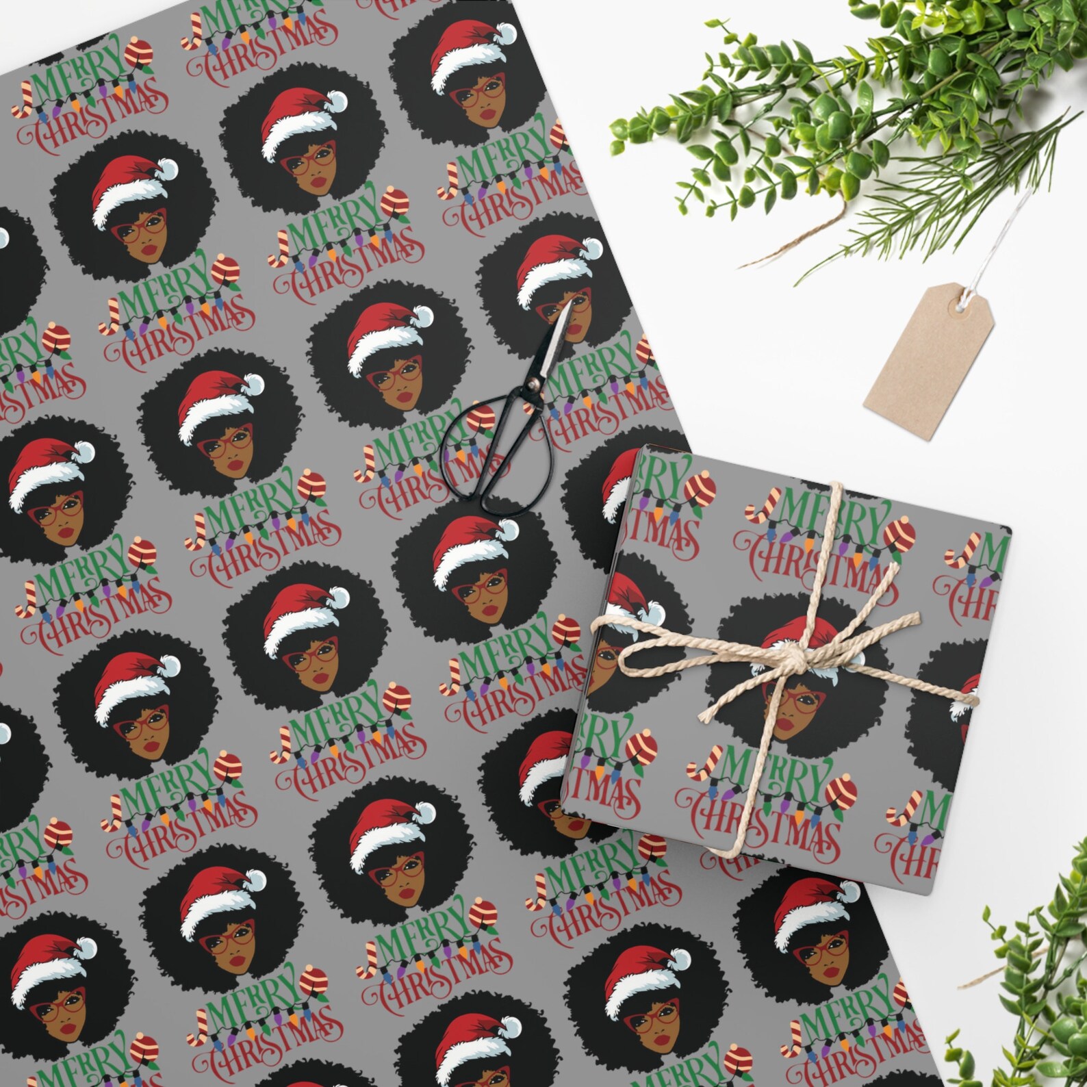 Black Merry Christmas Wrapping Paper African American Holiday Gift Wrap