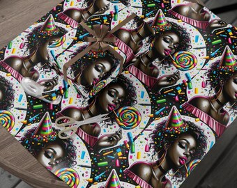 Melanin Girl Birthday Wrapping Paper| African American Gift Wrap| Black Girl Gift Wrap| Afrocentric Decor| Party Decor