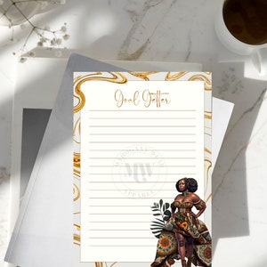 May include: A white notepad with gold marble design and gold lines. The notepad has the words "Goal Getter" at the top. A black woman with a gold crown and a colorful dress is illustrated on the right side of the notepad.