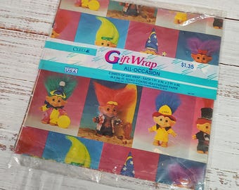 Vintage Wrapping Paper / Retro Gift Wrap / 1990s 90s / New Old Stock / Unopened / Treasure Trolls Troll