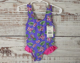 Vintage Toddler Swimsuit / Floral Flowers One Piece Swim wear 1990s 90s / Retro Baby / 2T 24m 24 Months